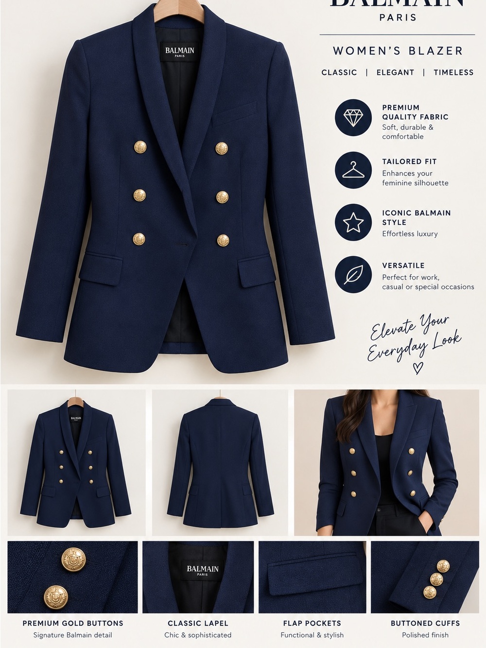 Balmain Navy Double-Breasted Blazer with Gold Buttons
